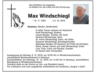 Traueranzeige Max Windschiegl, Neuhaus