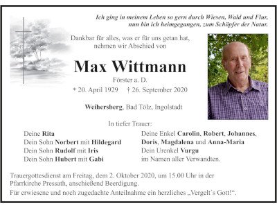 Traueranzeige Max Wittmann, Weihersberg