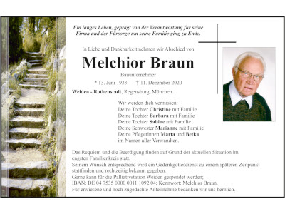 Traueranzeige Melchior Braun, Weiden-Rothenstadt