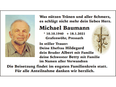 Traueranzeige Michael Baumann, Grafenwöhr