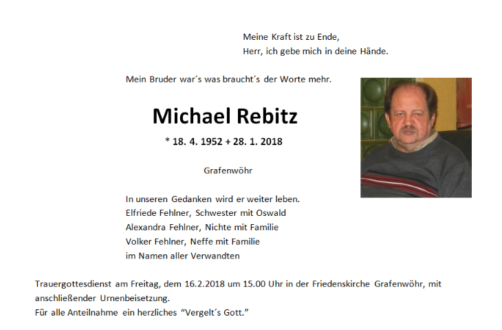 Traueranzeige Michael Rebitz, Grafenwöhr