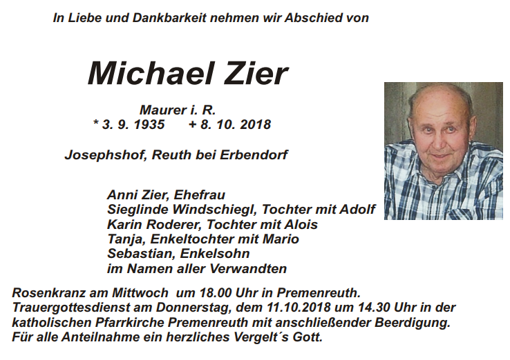 Traueranzeige Michael Zier, Josephshof