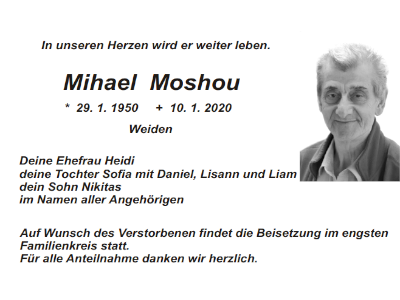 Traueranzeige Mihael Moshou, Weiden