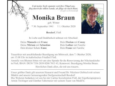 Traueranzeige Monika Braun, Boxdorf