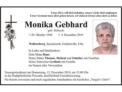 Traueranzeige Monika Gebhard, Weihersberg