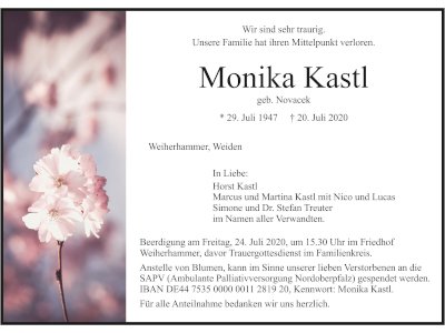 Traueranzeige Monika Kastl, Weiherhammer