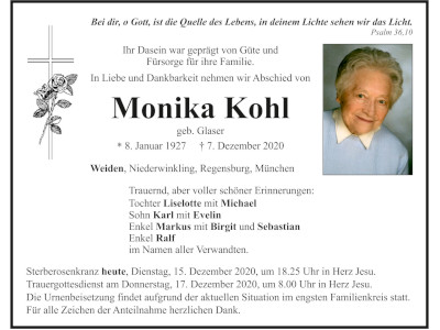Traueranzeige Monika Kohl, Weiden
