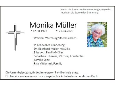 Traueranzeige Monika Müller, Weiden