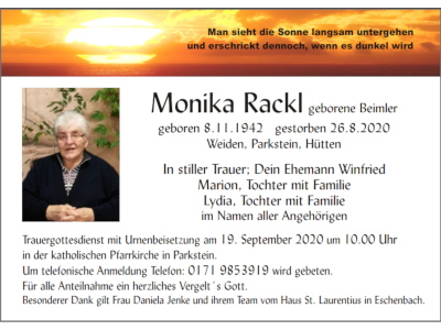 Traueranzeige Monika Rackl, Weiden