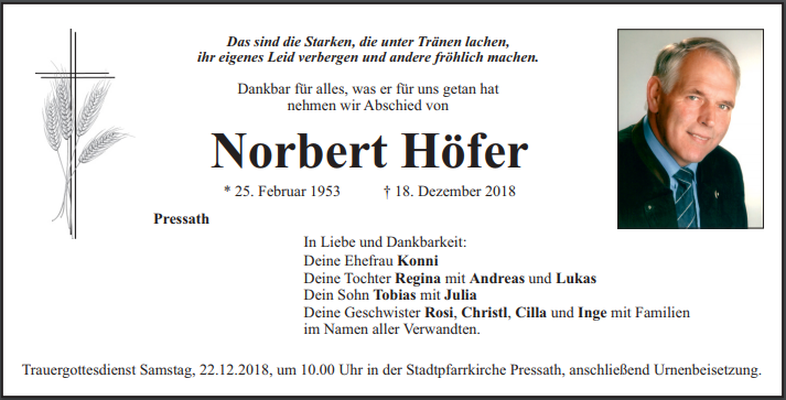 Traueranzeige Norbert Höfer, Pressath