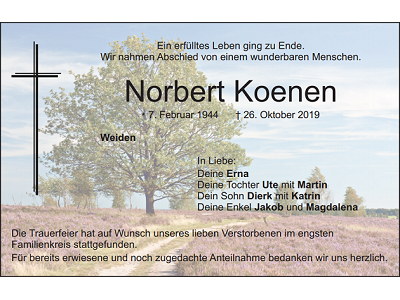 Traueranzeige Norbert Koenen, Weiden