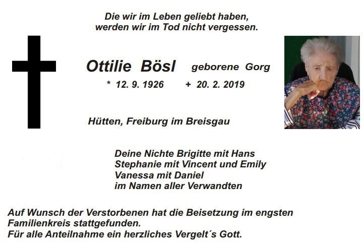 Traueranzeige Ottilie Bösl, Hütten