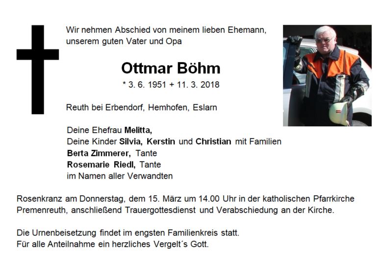 Traueranzeige Ottmar Böhm, Reuth bei Erbendorf