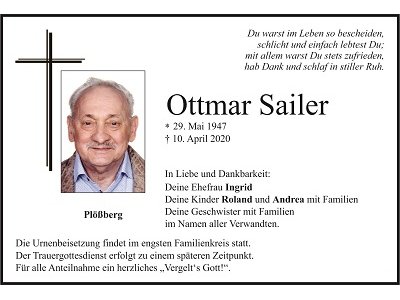 Traueranzeige Ottmar Sailer, Plößberg