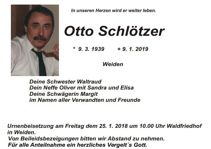Traueranzeige Otto Schlötzer, Weiden