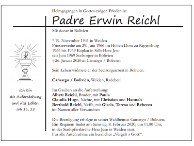 Traueranzeige Padre Erwin Reichl, Weiden