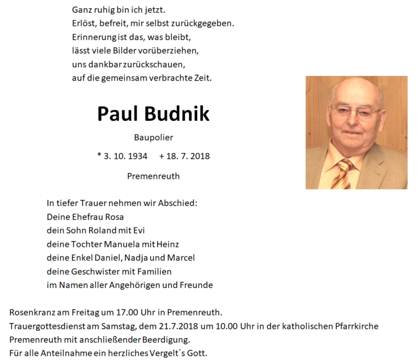 Traueranzeige Paul Budnik, Premenreuth