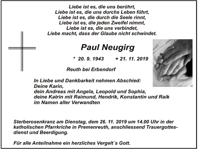 Traueranzeige Paul Neugirg, Reuth bei Erbendorf