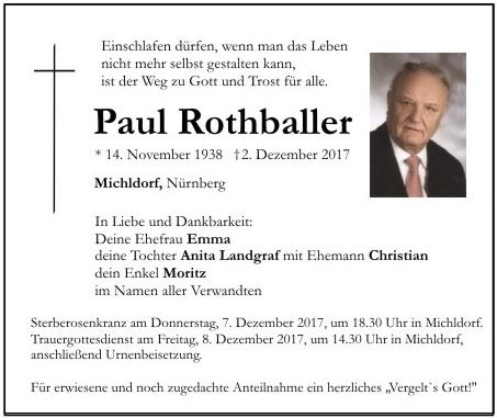 Traueranzeige Paul Rothballer, Michldorf