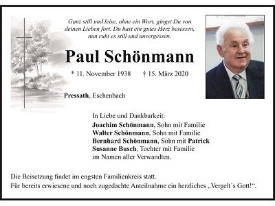 Traueranzeige Paul Schönmann, Pressath