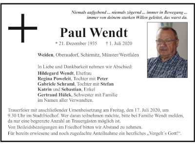 Traueranzeige Paul Wendt, Weiden