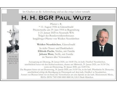 Traueranzeige Paul Wutz, Weiden