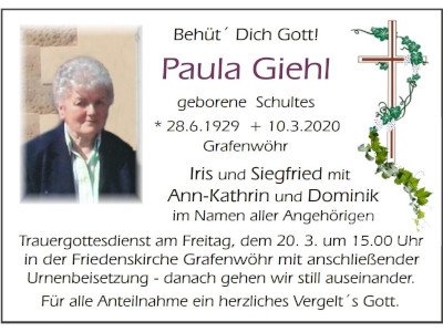 Traueranzeige Paula Giehl, Grafenwöhr