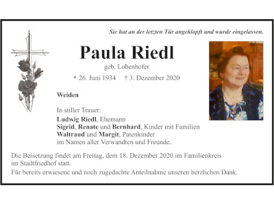 Traueranzeige Paula Riedl, Weiden