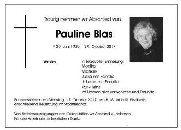 Traueranzeige Pauline Blas, Weiden