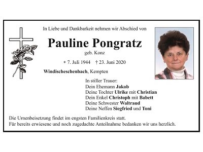 Traueranzeige Pauline Pongratz, Windischeschenbach