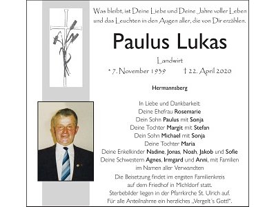 Traueranzeige Paulus Lukas, Hermannsberg