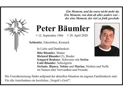 Traueranzeige Peter Bäumler, Schirmitz