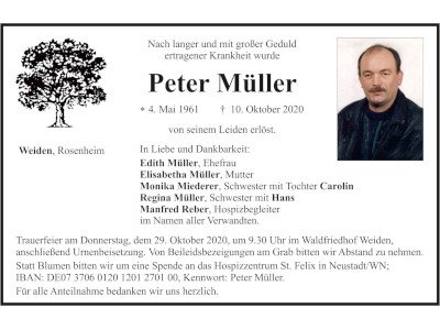 Traueranzeige Peter Müller, Weiden