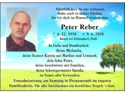 Traueranzeige Peter Reber, Reuth bei Erbendorf