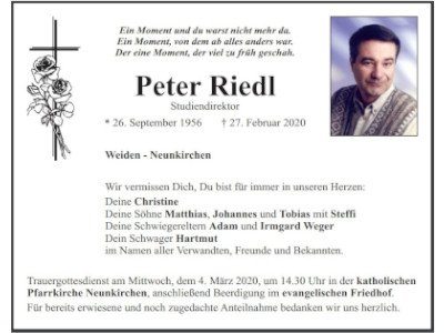 Traueranzeige Peter Riedl, Weiden