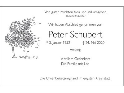 Traueranzeige Peter Schubert, Amberg