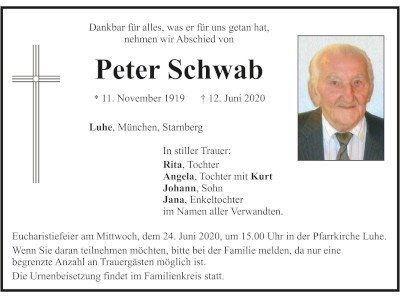 Traueranzeige Peter Schwab, Luhe