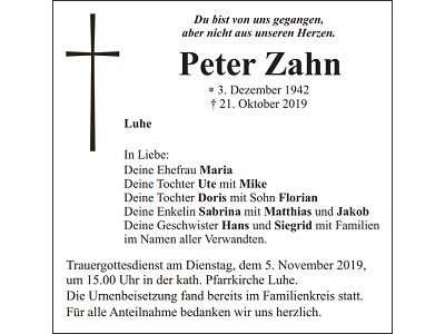 Traueranzeige Peter Zahn, Luhe