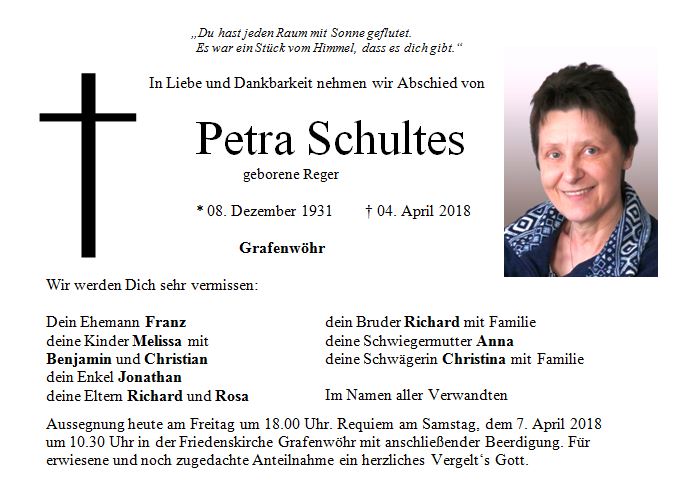 Traueranzeige Petra Schultes, Grafenwöhr