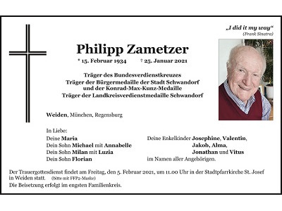Traueranzeige Philipp Zametzer, Weiden