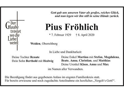 Traueranzeige Pius Fröhlich, Weiden