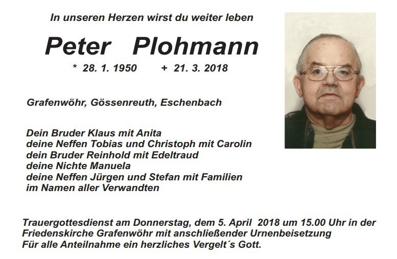 Traueranzeige Peter Plohmann, Grafenwöhr