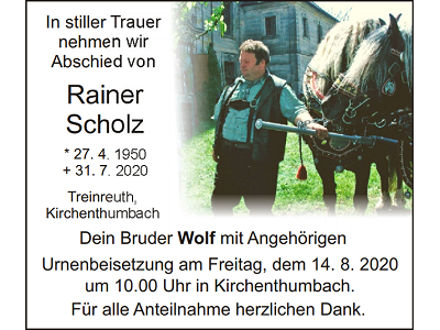 Traueranzeige Rainer Scholz, Treinreuth