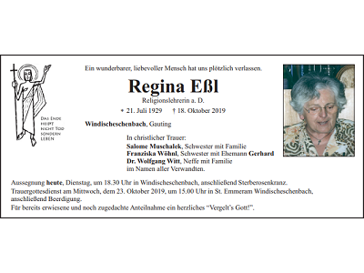 Traueranzeige Regina Eßl, Windischeschenbach