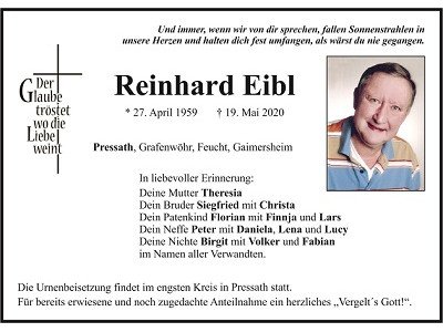 Traueranzeige Reinhard Eibl, Pressath