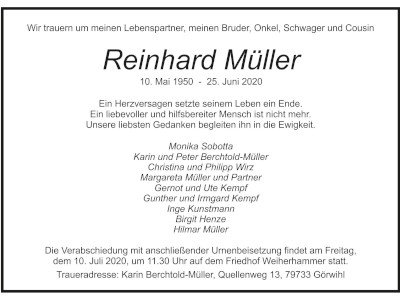 Traueranzeige Reinhard Müller, Weiherhammer