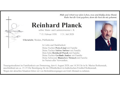 Traueranzeige Reinhard Planek, Ullersricht