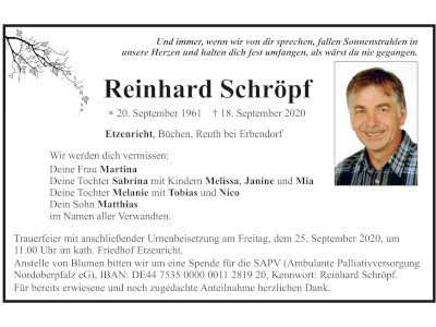 Traueranzeige Reinhard Schröpf, Etzenricht