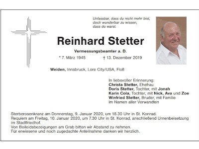 Traueranzeige Reinhard Stetter, Weiden