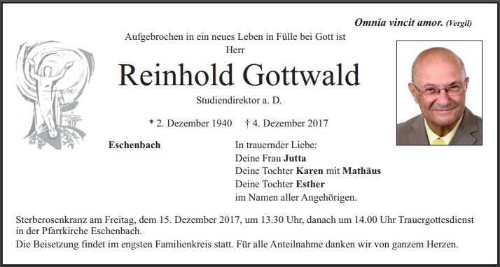 Traueranzeige Reinhold Gottwald, Eschenbach